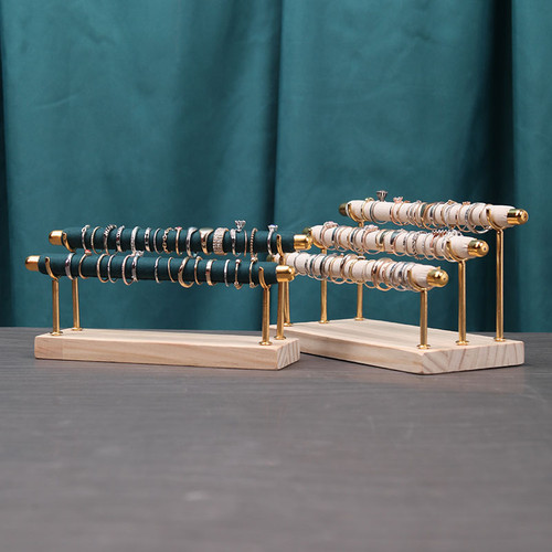 Stylish Velvet Tiered Ring Display Bar Stand Organizer Wood Base