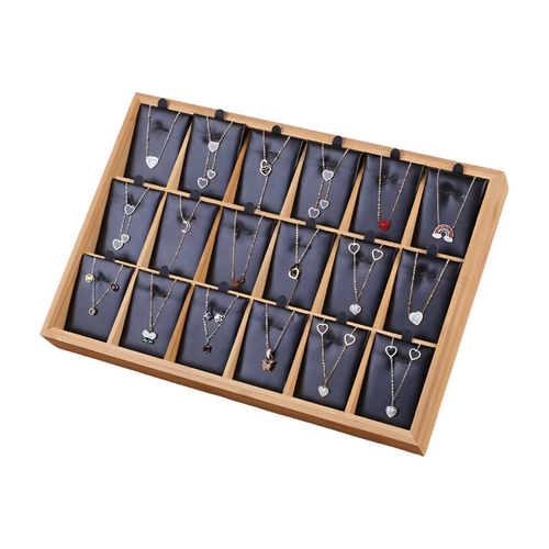Premium Bamboo Wood Jewelry Display Tray Black Leather
