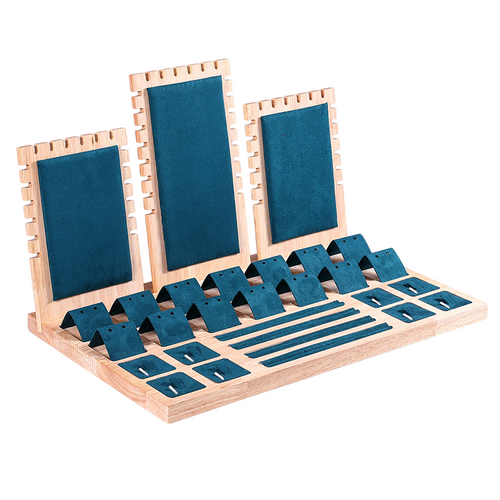 Wood Jewelry Display Showcase Set Green Velvet