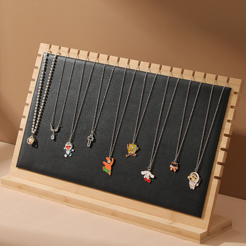 Wood Multi-Chain Necklace Pendant Display Stand 12"x8" Black Leather