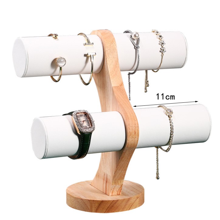 Wood Double -Bar Bracelet Bangle Display White Leather - Zakka Canada