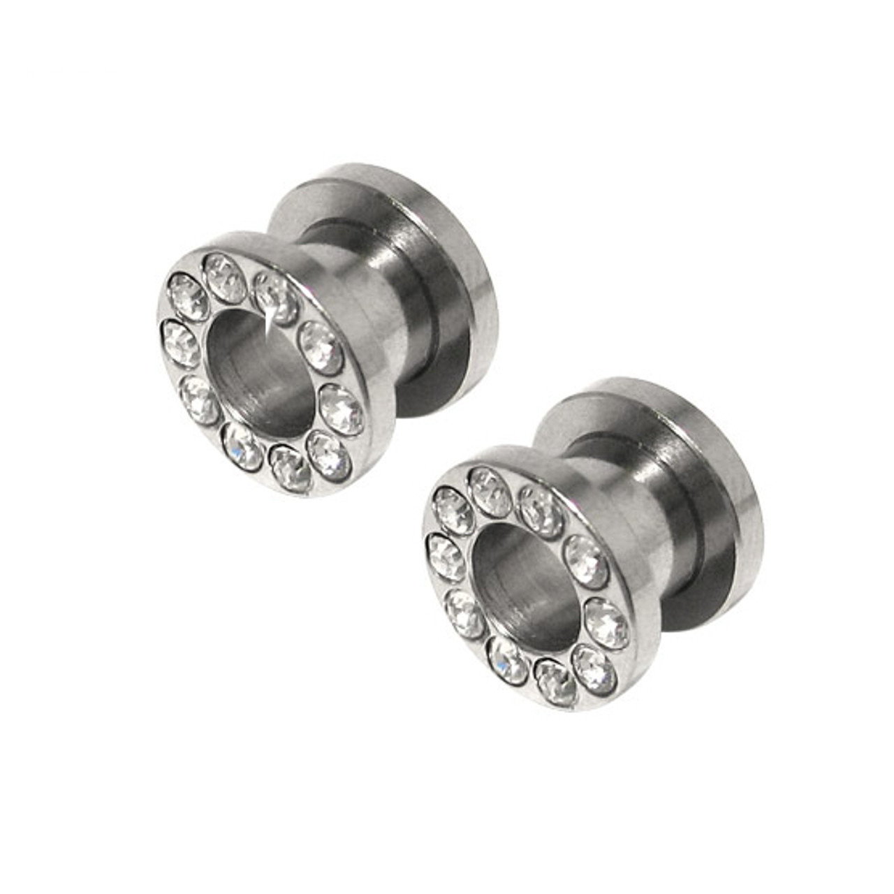 00 Gauge Surgical Steel Screw Fit Ear Plug with Cz Gems