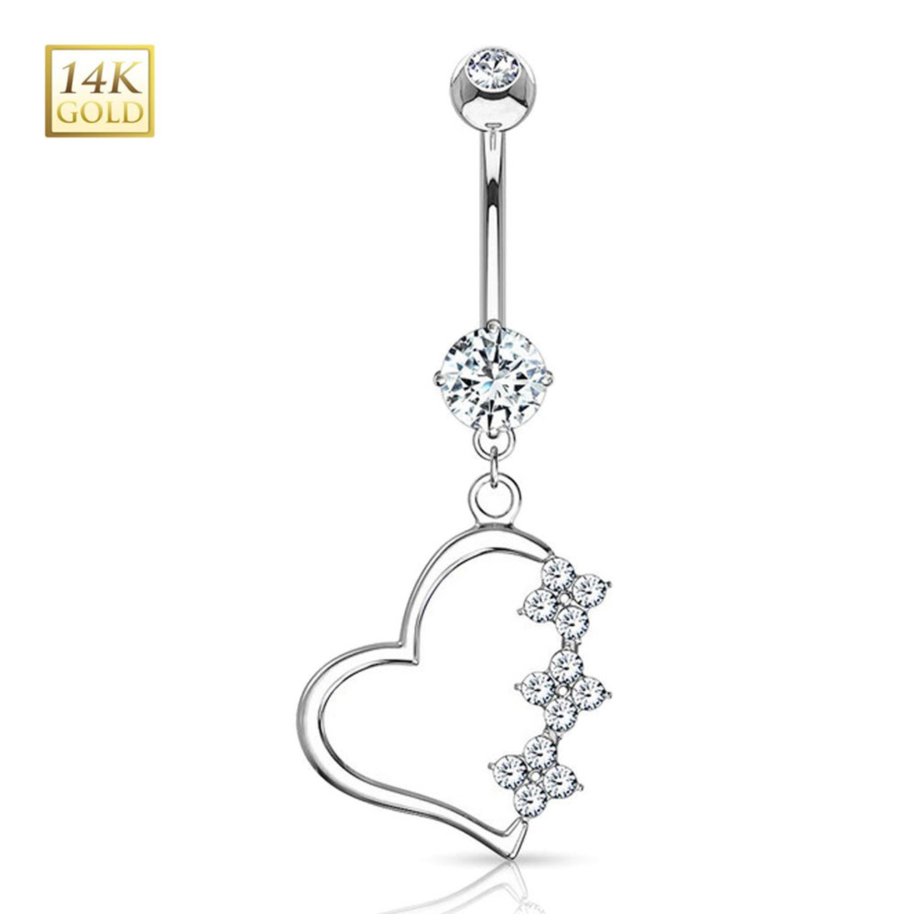 ☆nff☆ heart button ring nff7 14K Gold Triple Flower CZ Dangle Heart Belly Button Ring 14G
