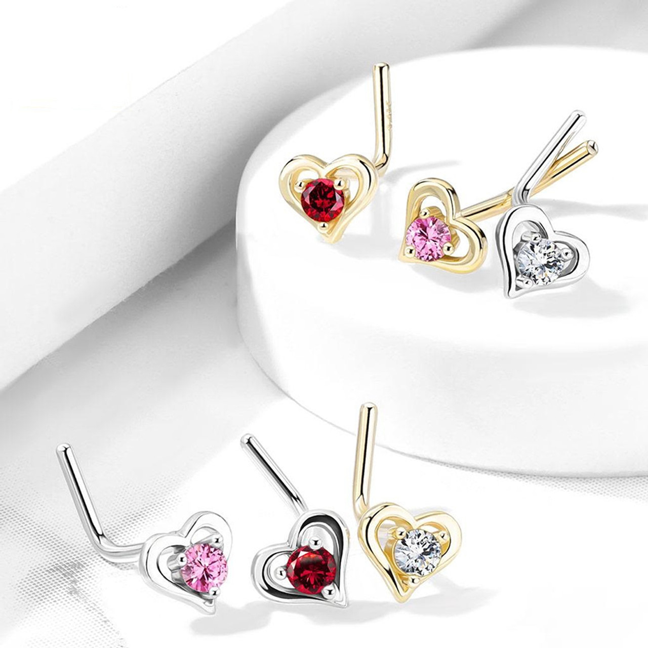 14K Gold CZ Heart L Shaped Nose Stud 20G