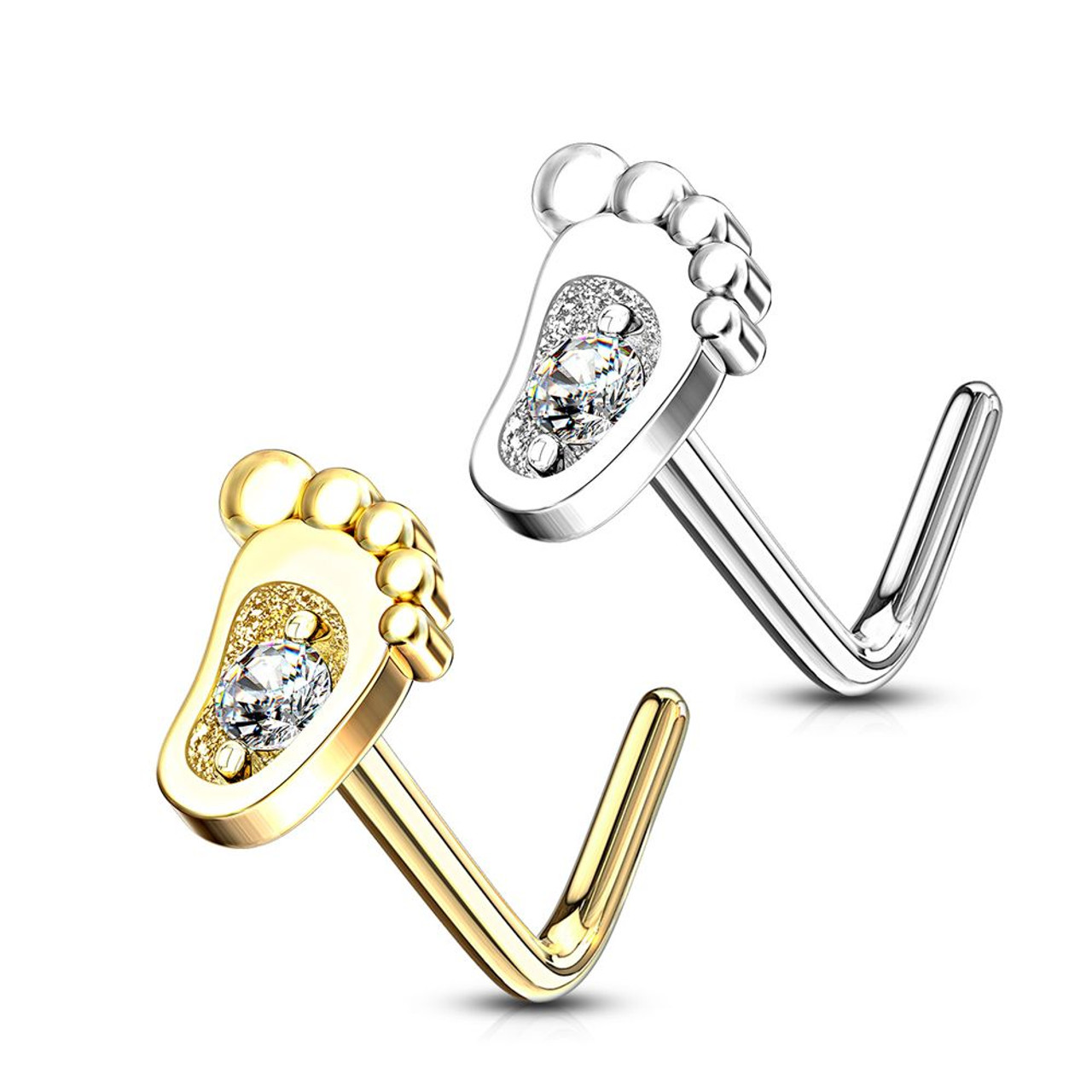 14Kt. Gold L-Shape Baby Foot Design with Micro CZ Center Set Nose