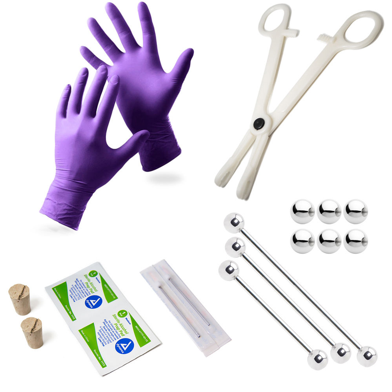 Afskedigelse Kommerciel Viva Industrial Piercing Kit - 3 Barbells, Corks, Needles, Gloves, Forceps +  Wipes