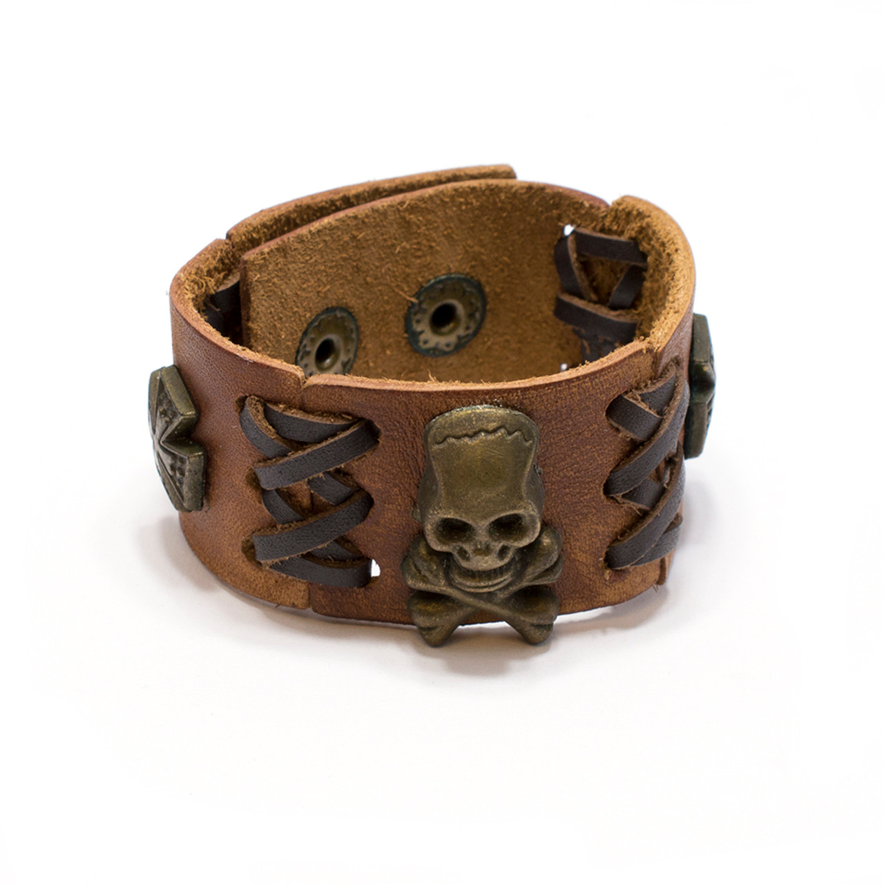Skull Crossbones Brown Leather Bracelet