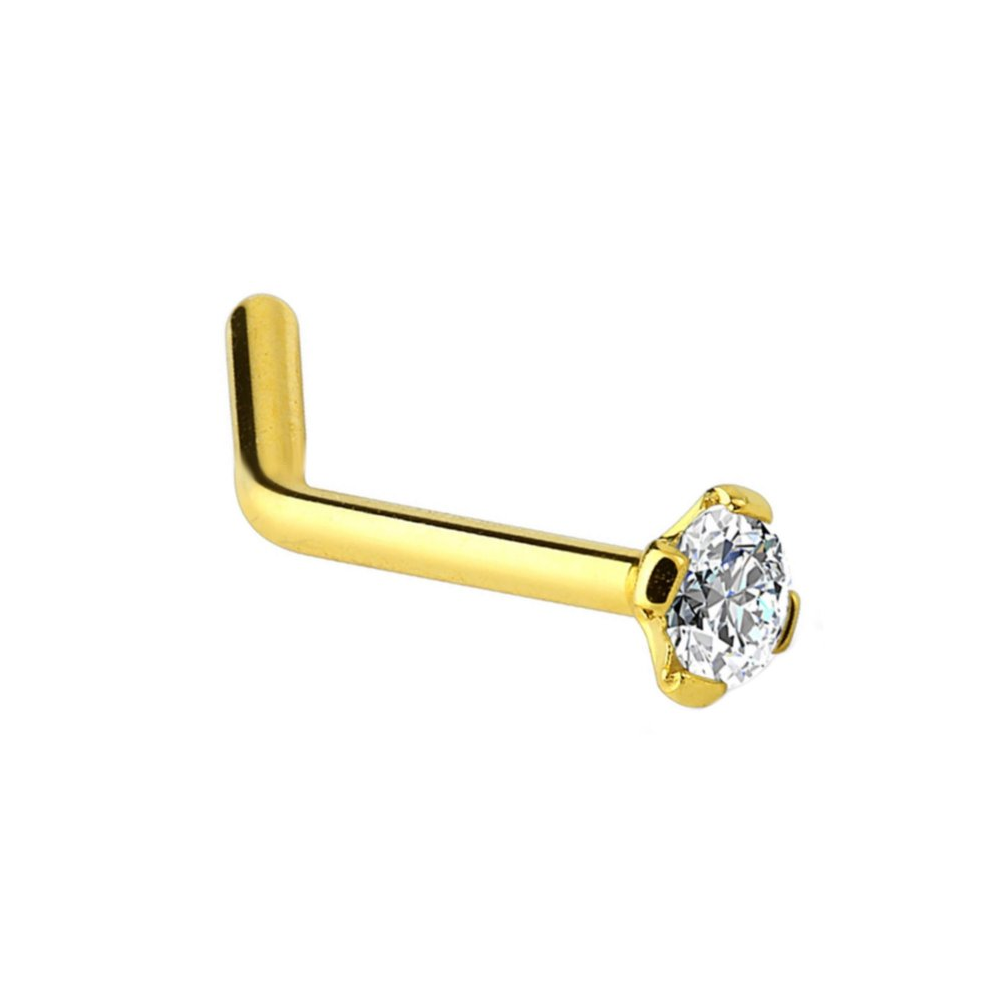 Solid 14K Gold L-Shaped Nose Ring with Cubic Zirconia 20ga