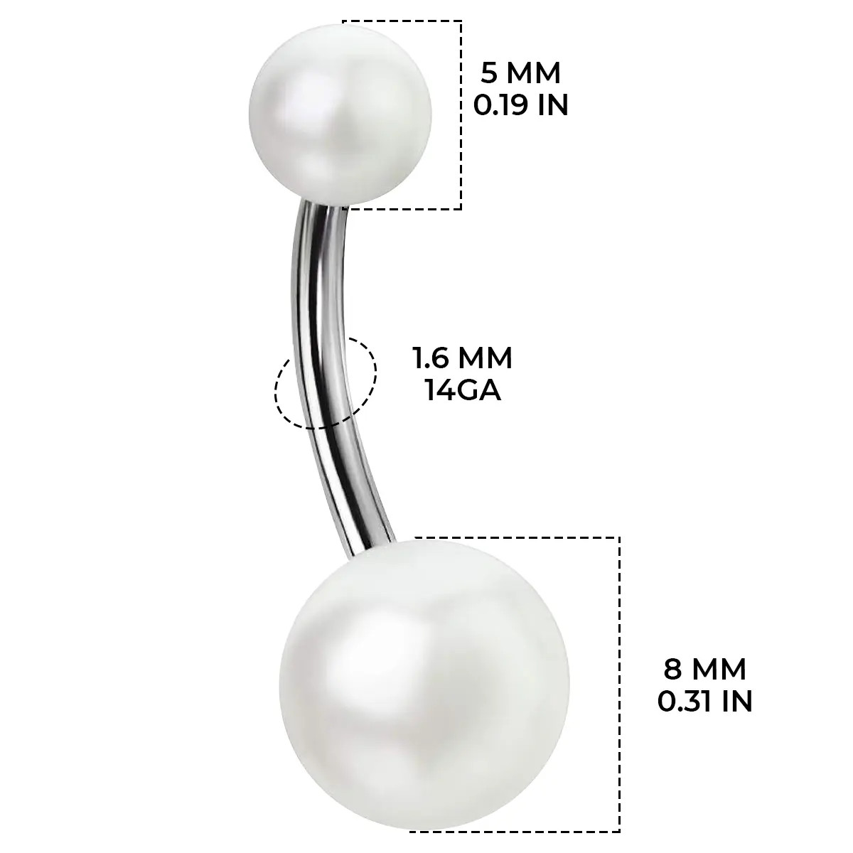 14G Surgical Steel Pearl Belly Button Navel Ring 3/8