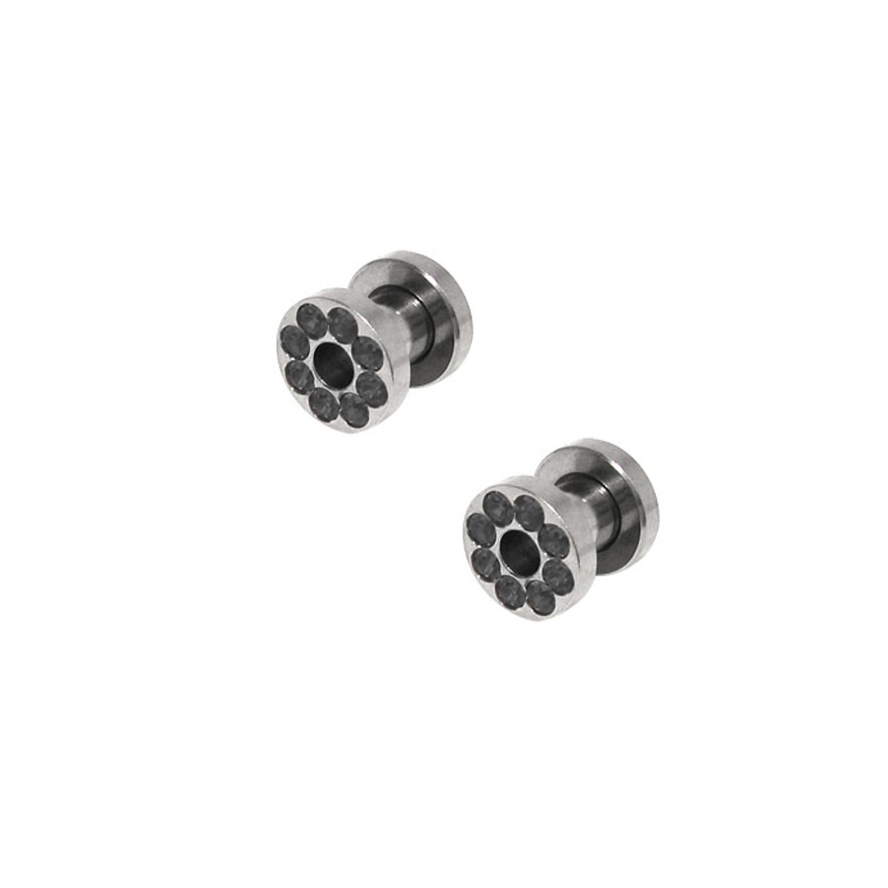 2 Gauge Surgical Steel Screw Fit Ear Plug with Black Cz Gems