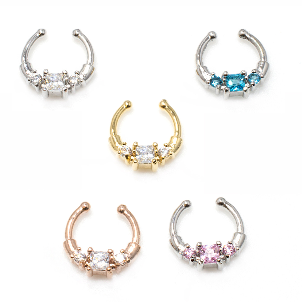 Non-Piercing Septum Hanger with Square Center CZ with Gems 316L Steel ...
