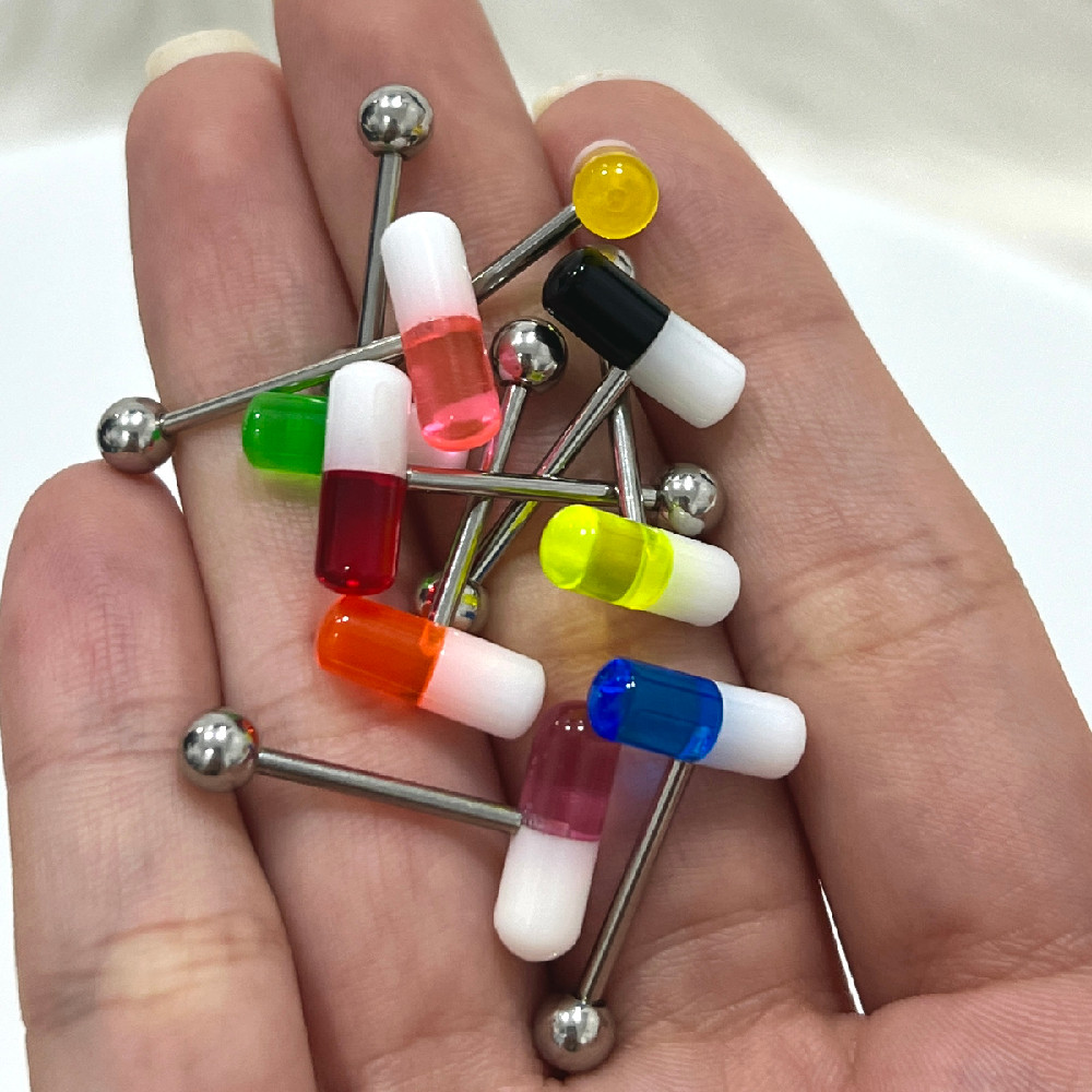 UV Glow Acrylic Pill Tongue Barbell Ring 14G 15mm