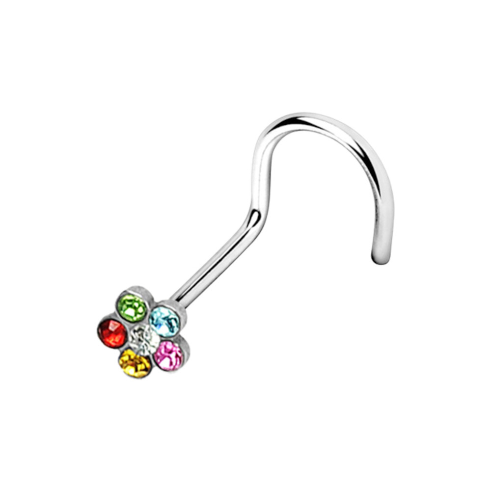Paved Crystal Rainbow CZ Flower Cork Screw Nose Stud Ring 18G 6mm