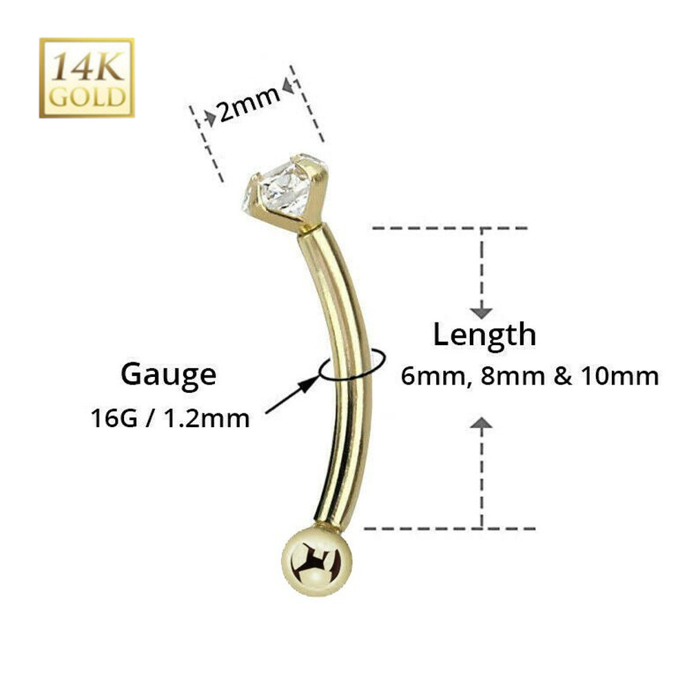 14K Gold Threadless Top 2mm Diamond Curved Barbell Piercing 16G