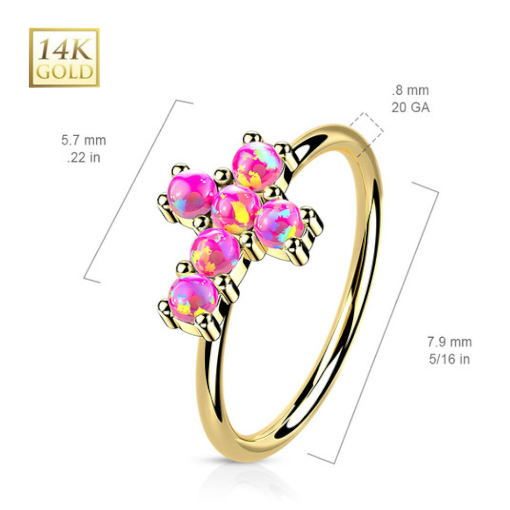 14k Gold Bendable Paved CZ/Opal Cross Nose Ring Hoop 20G