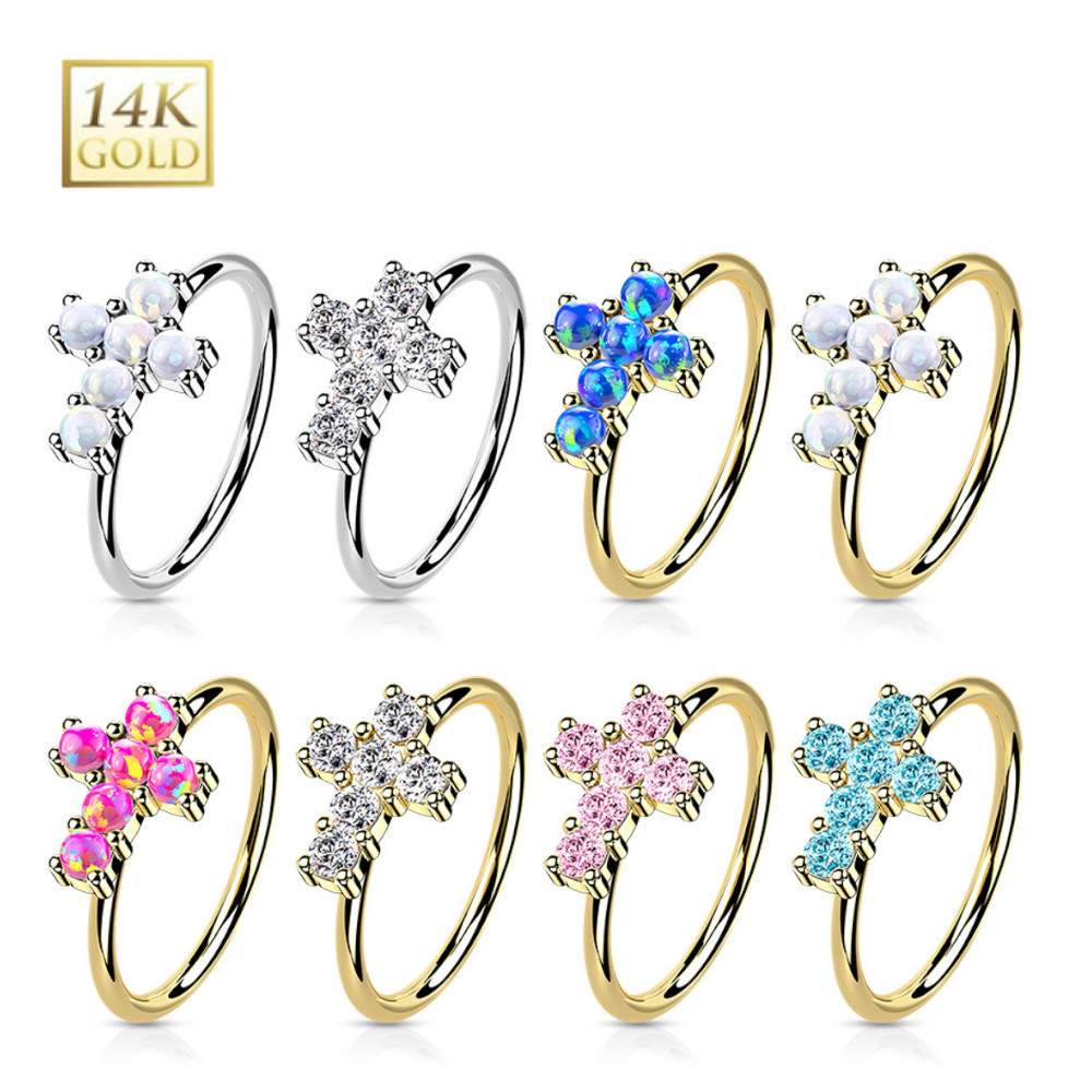 14k Gold Bendable Paved CZ/Opal Cross Nose Ring Hoop 20G