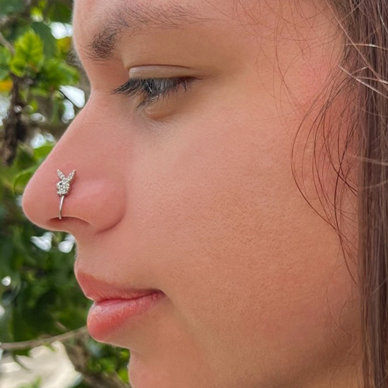 Nose Ring Clip On Non Piercing with Cubic Zirconia Paved Playboy Bunny