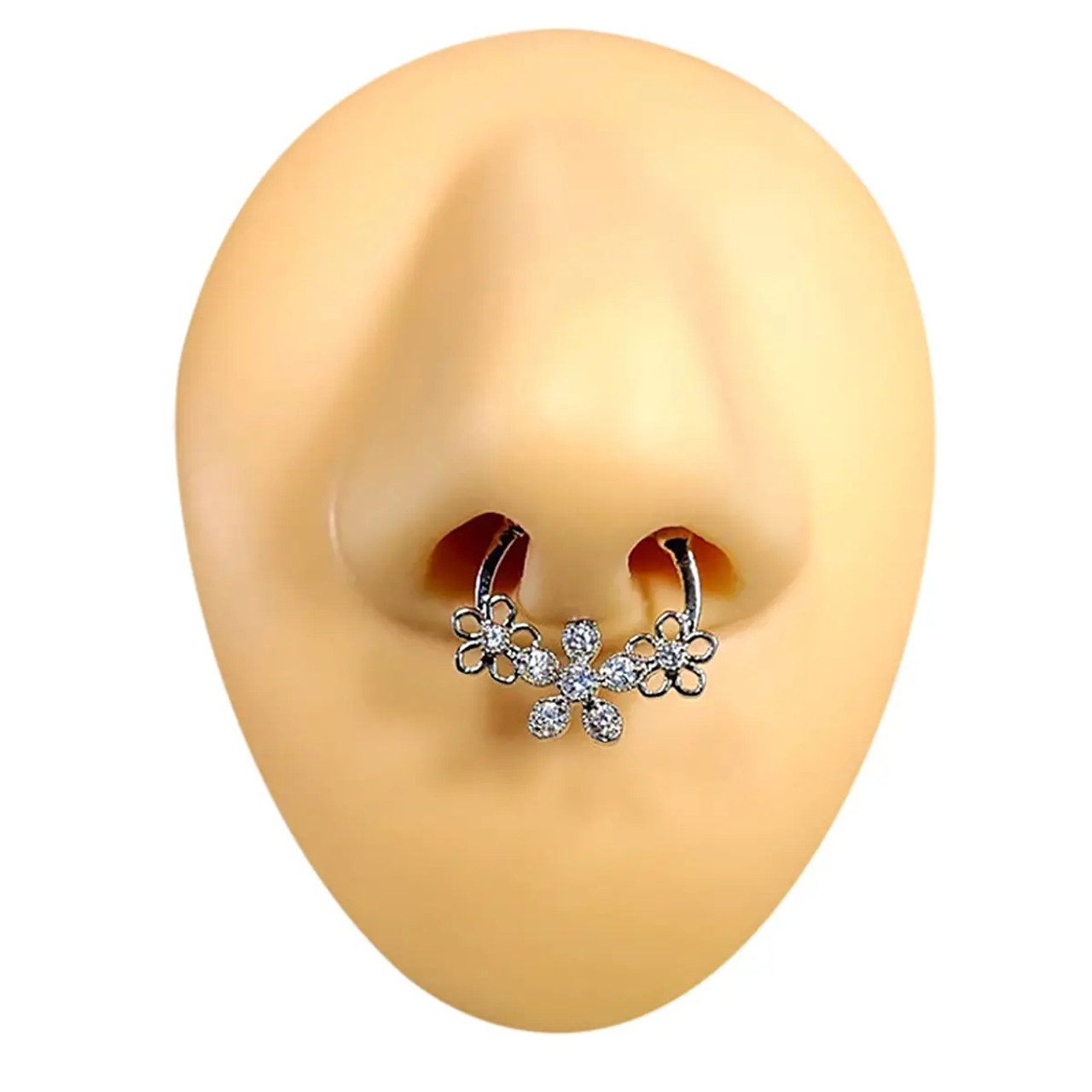 Triple Flower CZ Hinged Clicker Septum Nose Ring Hoop