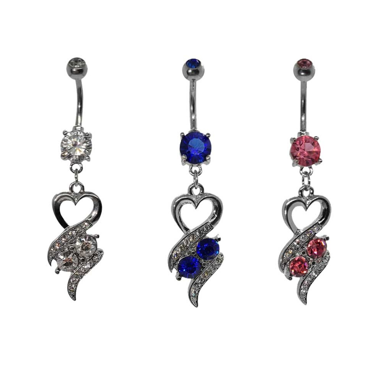 Painful Pleasures 14g 7/16 Jeweled Steel Belly Button Ring with Heart Clamp Dangle