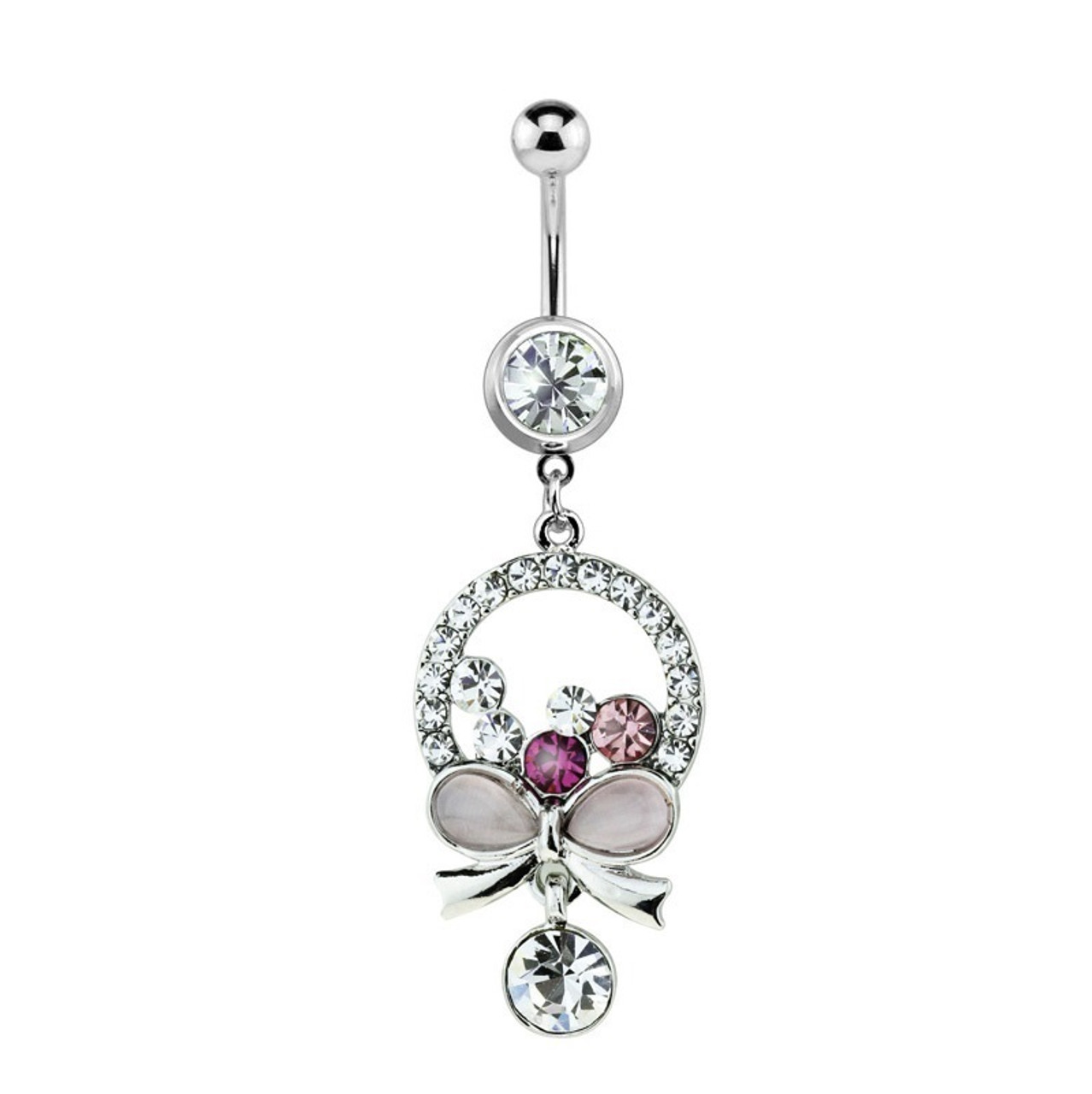 Bow Circle Design Navel Ring 14ga with Pink and Purple CZ Jewels