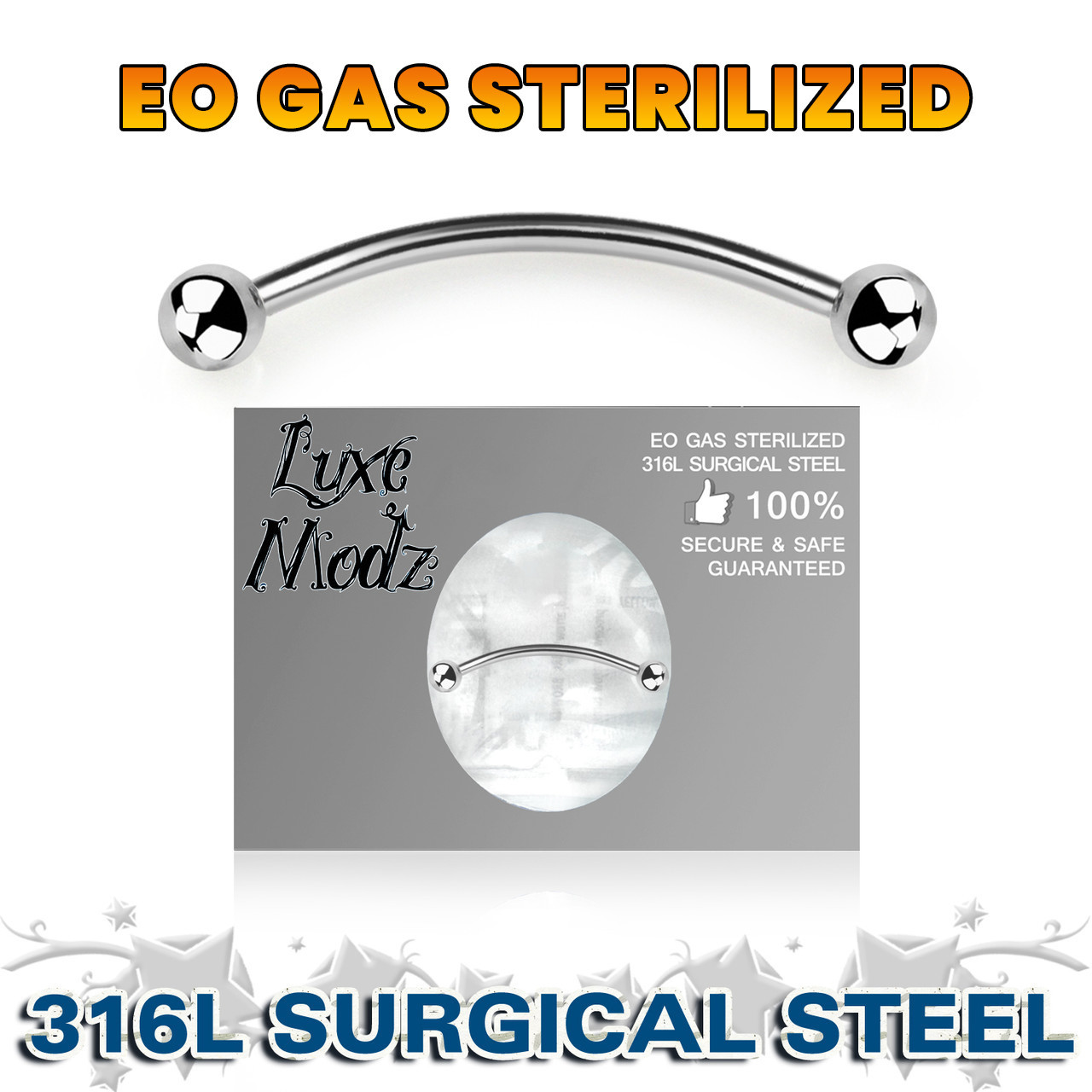 5-Pack 14G 7/8" 4mm Ball 316L Surgical Steel Curved Barbell – Tongue Snake-Eyes Piercing, Chrome