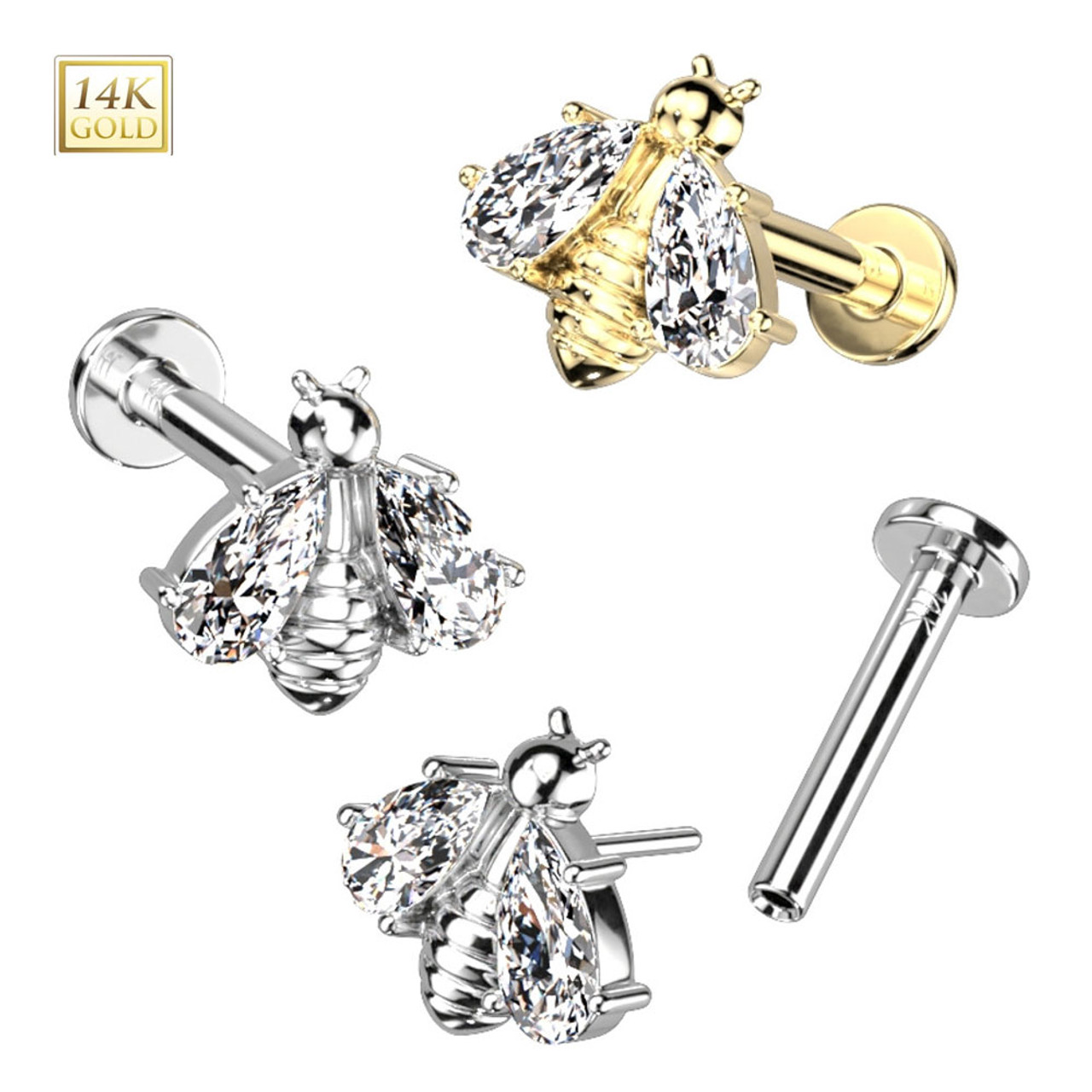 ★ wing bling★ 14k daily cubic piercing 14K Gold Threadless CZ Wing Bee Labret Stud 16G