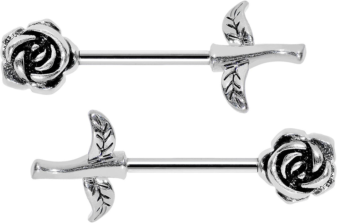 Long Stem Rose Flower Nipple Barbell 14G 15mm