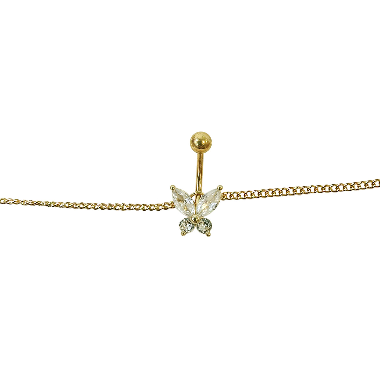 Belly Chain Button Navel Ring Surgical Steel Gold Plated Waist Belly Chain  with Non-Dangle CZ Butterfly 14 Gauge