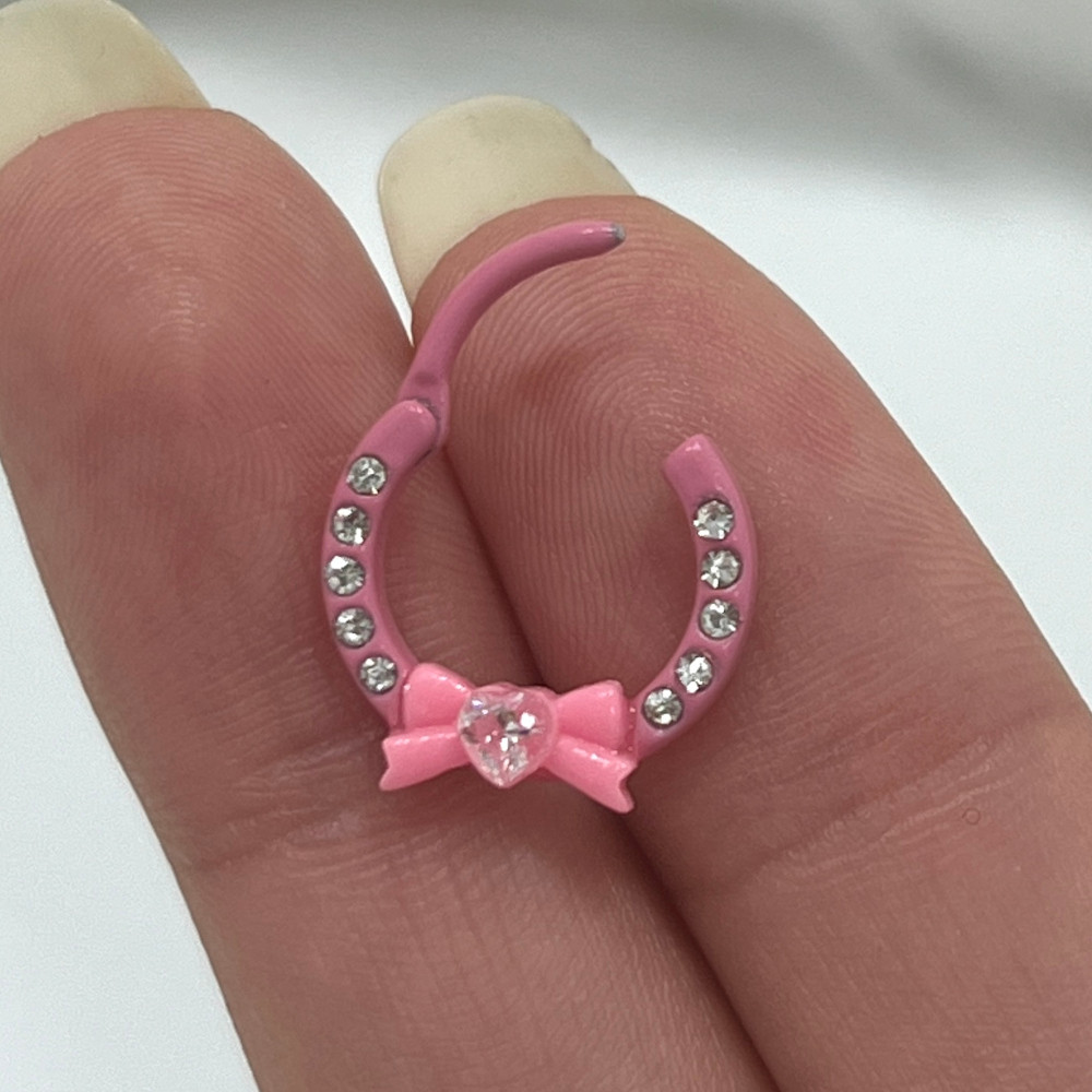 Heart Bow CZ Hinged Segment Septum Ring Clicker Hoop 16G 10mm