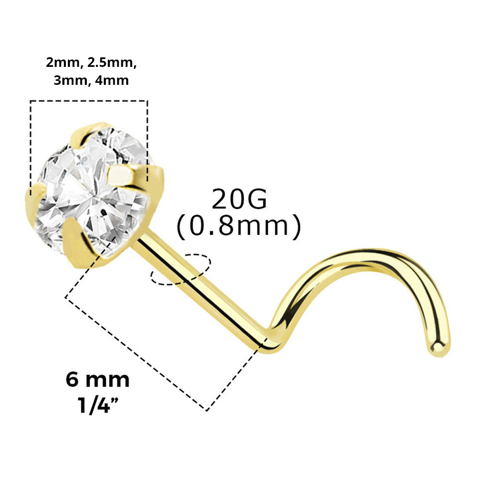 14K Gold Prong CZ Corkscrew Nose Ring Stud 22G 6mm