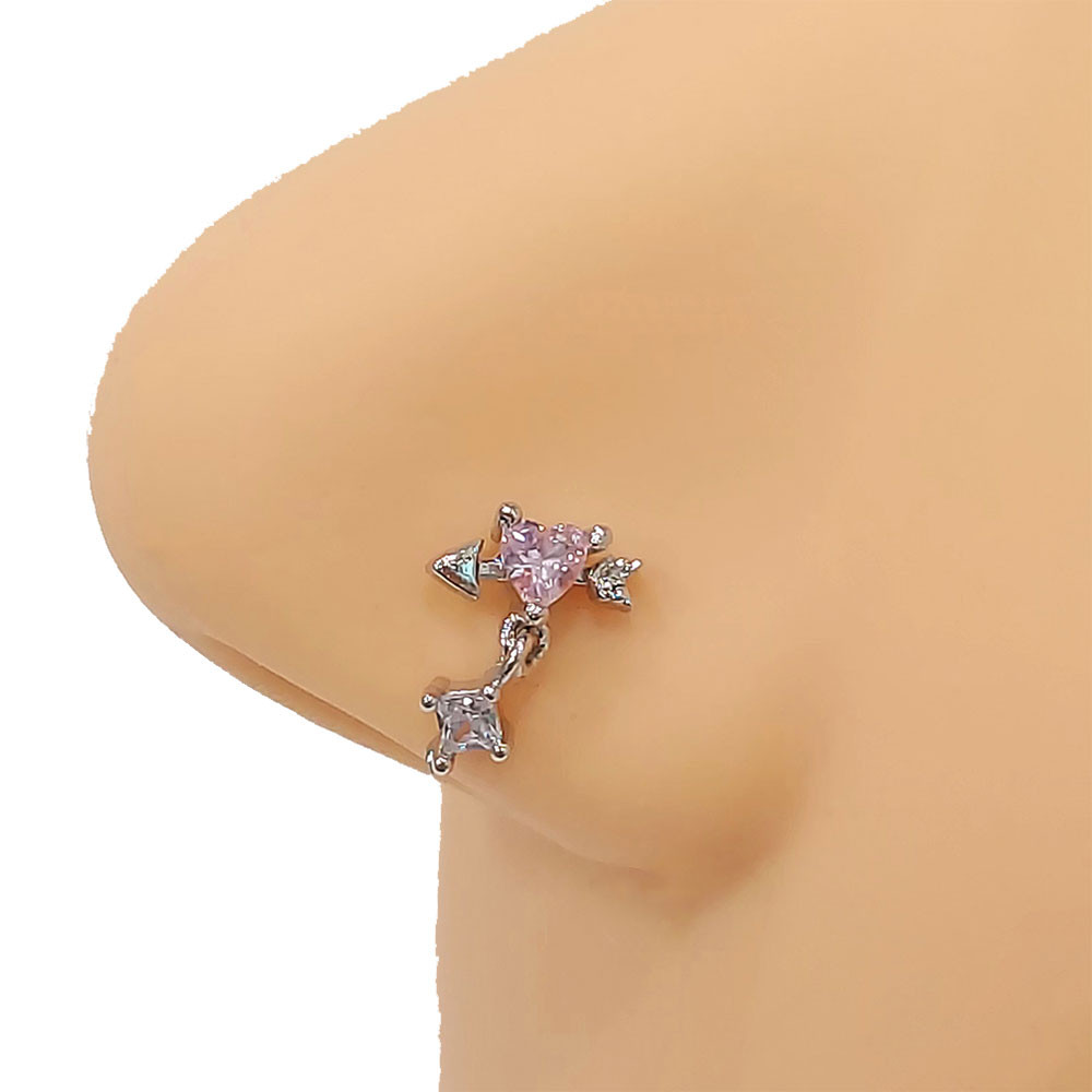 Dangle CZ Arrow Heart L Shaped Nose Stud 20G