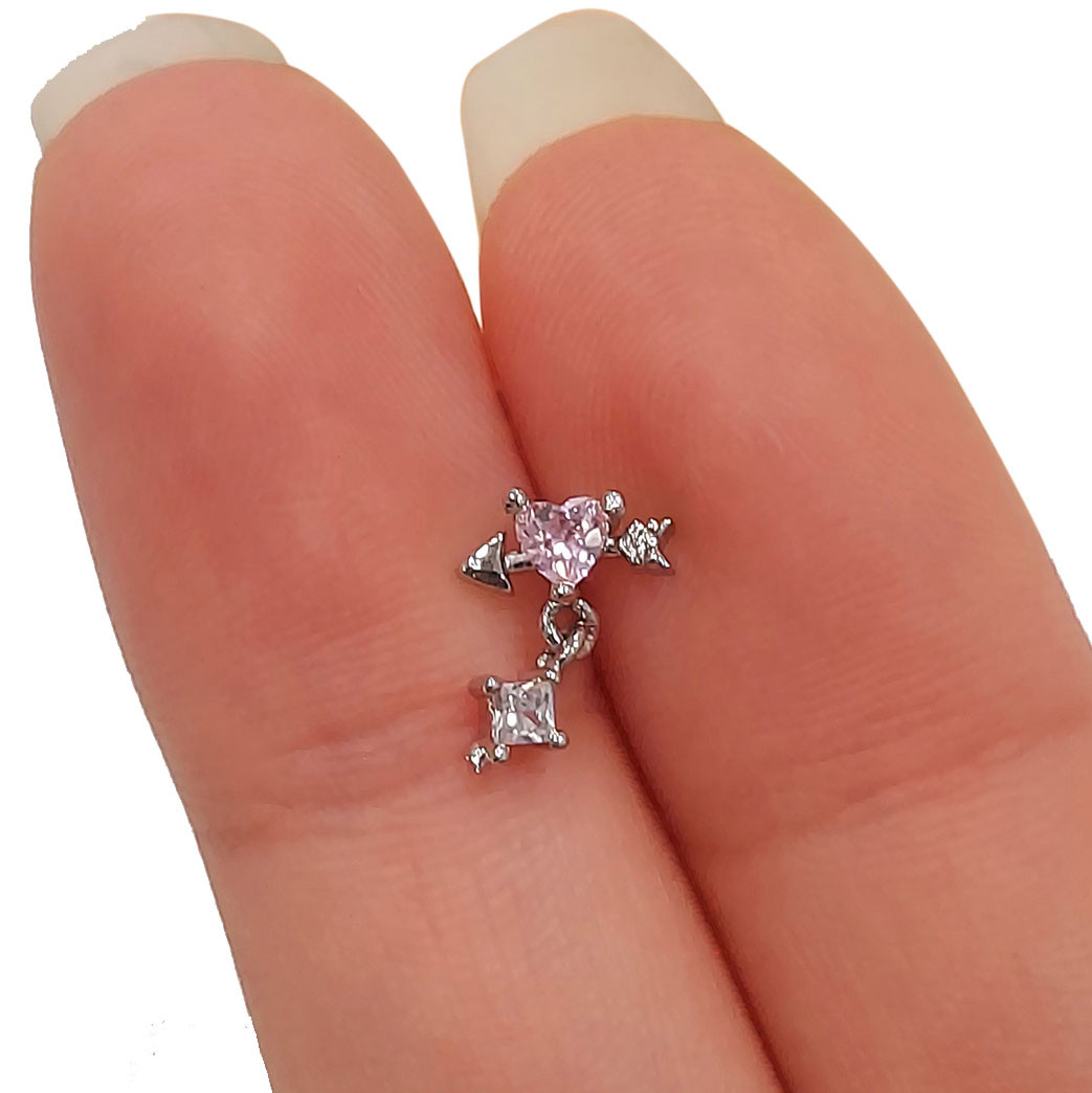 Dangle CZ Arrow Heart L Shaped Nose Stud 20G