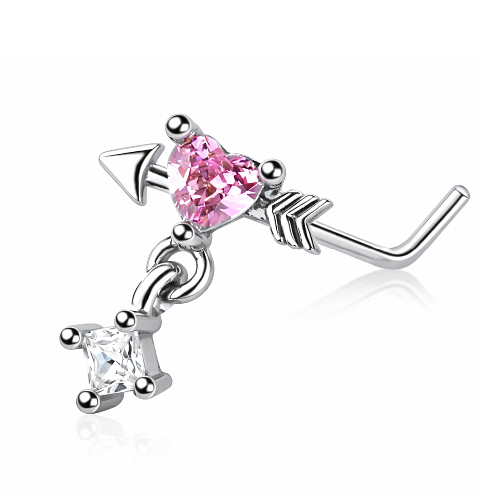 Dangle CZ Arrow Heart L Shaped Nose Stud 20G
