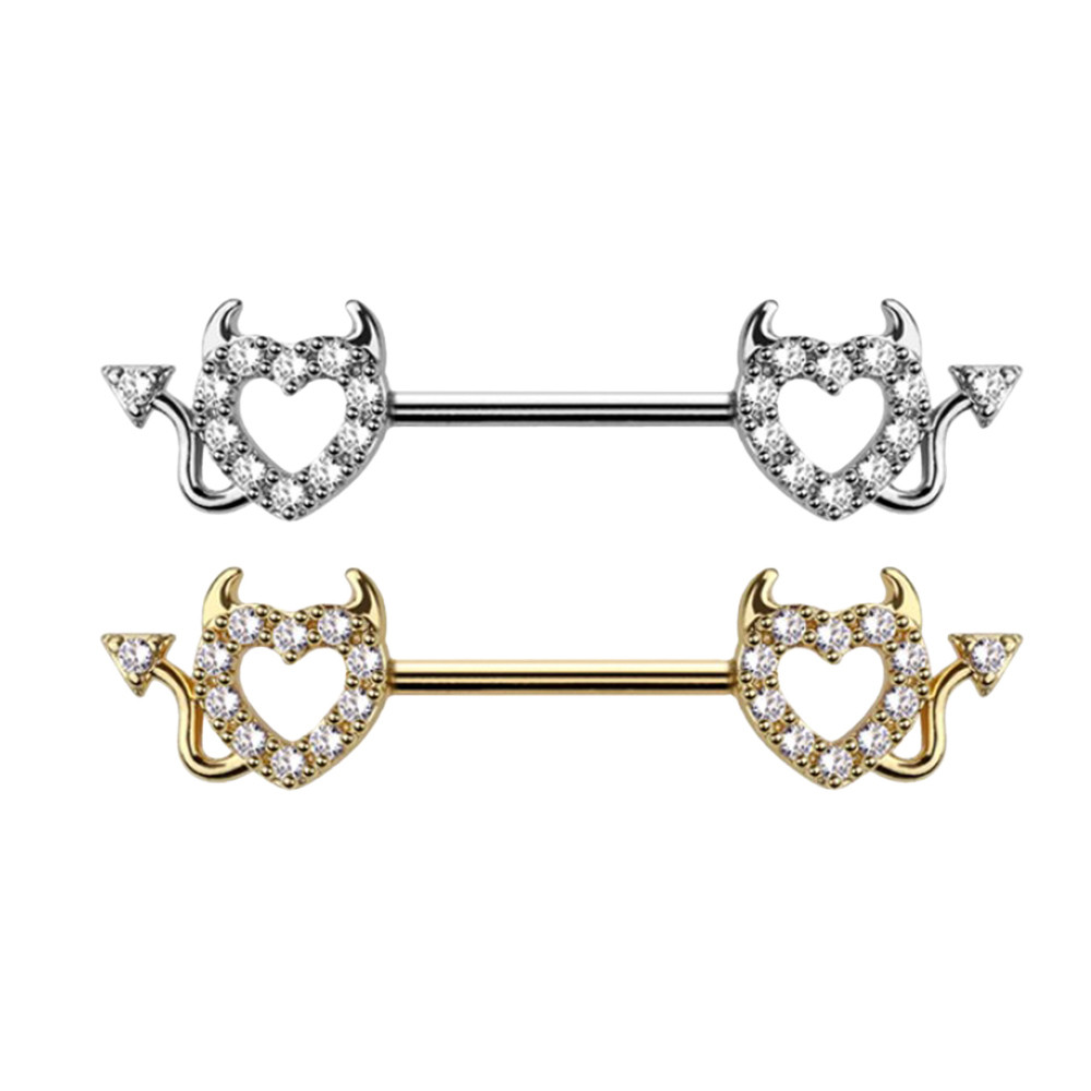 Charming Crystal CZ Devil Heart Nipple Barbell 14G 14mm