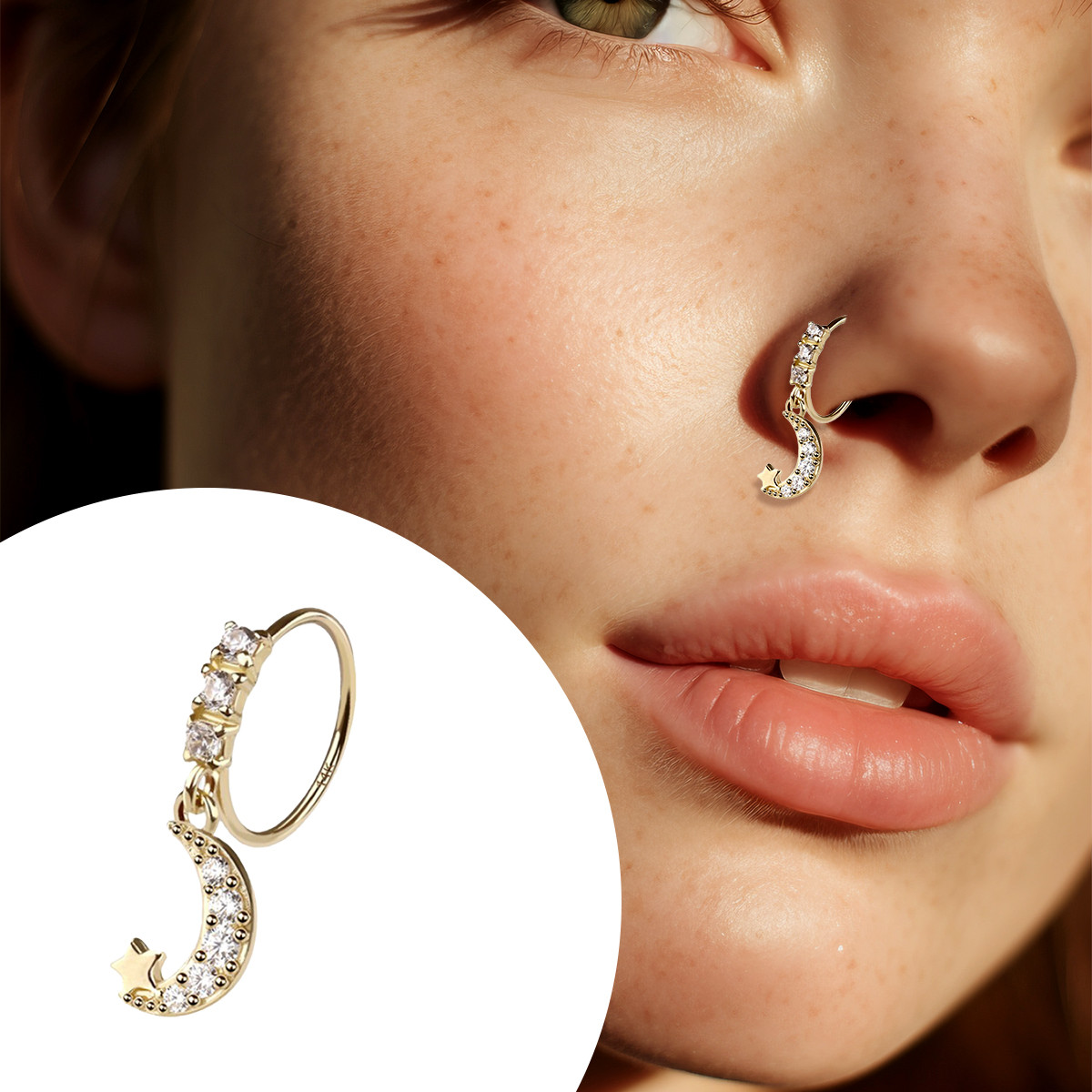 14K Gold Dangling Crescent Moon Star Paved CZ Hoop Bendable Nose