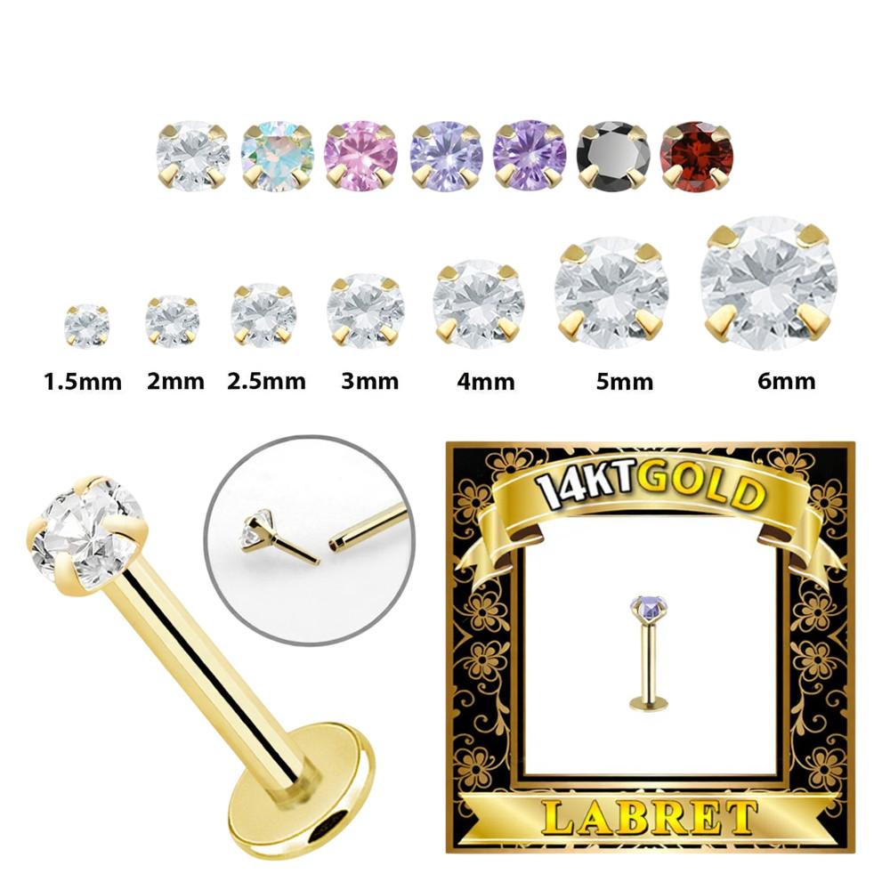 14K Gold Push In CZ Top Flatback Labret Studs Piercings 16G