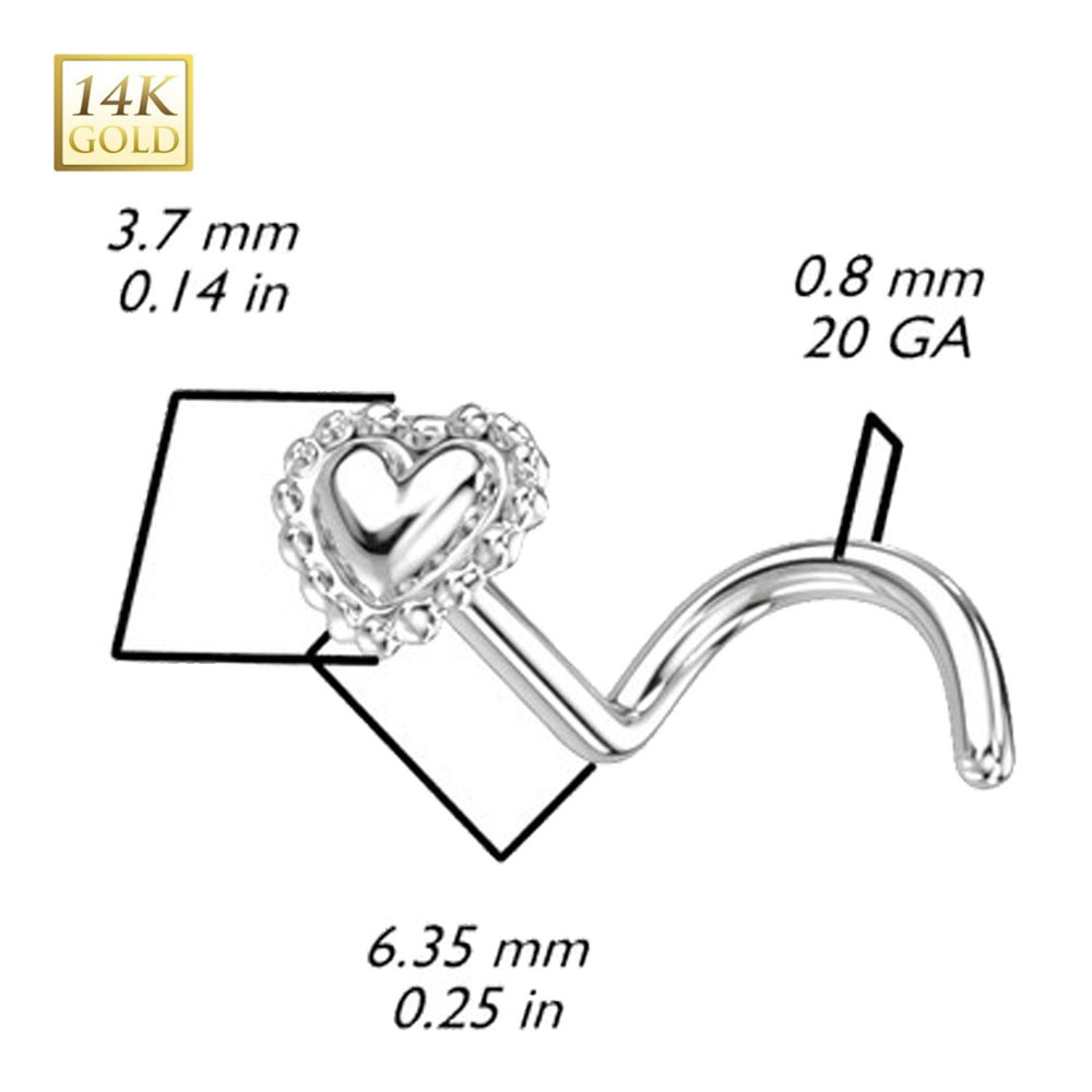 14K White Gold Beaded Edge Heart Corkscrew Nose Stud 20G