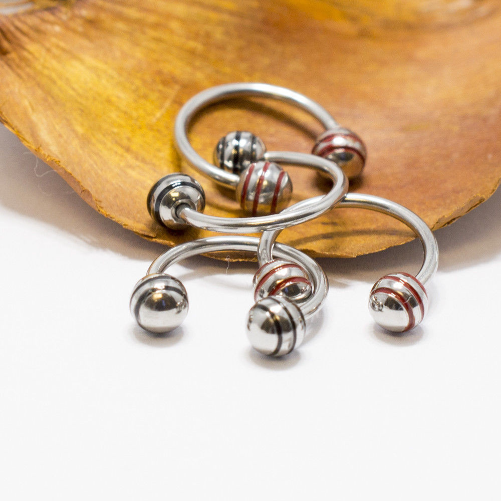 Horseshoe Ring Circular Barbell 4 Pack 18G Red & Black Striped Balls