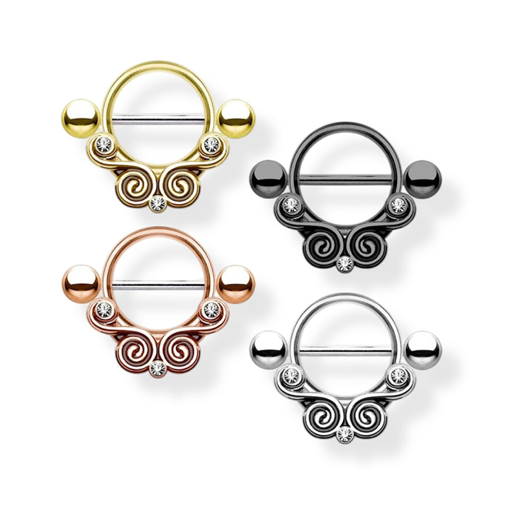 Paved Black CZ Handcuff Nipple Shield Ring 14G 14mm