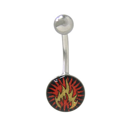 Belly Button Ring 14 gauge Surgical Steel with Holographic Burning Flames