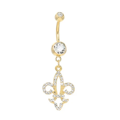 Dangle De Lis CZ PVD Gold Belly Button Ring Piercing