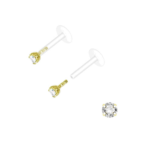 14k Gold  Labret Flat Back Bio-Flex Shaft with Push-in Prong Setting Round CZ Labret Monroe