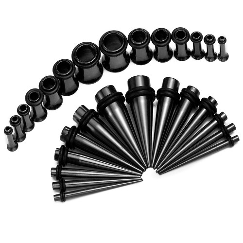 Stainless Ear Stretching Kit Plugs & Tapers Set 36pc Gauges 14g-00g Black - Out of Stock