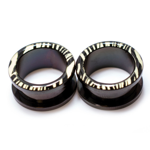 Pair of  Black PVD coating over Surgical Steel  Zebra Stripes Ear Tunnel