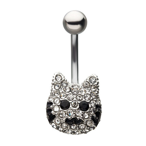 Clear and Black CZ Feature Cat Head Fixed Belly Button Ring 14ga