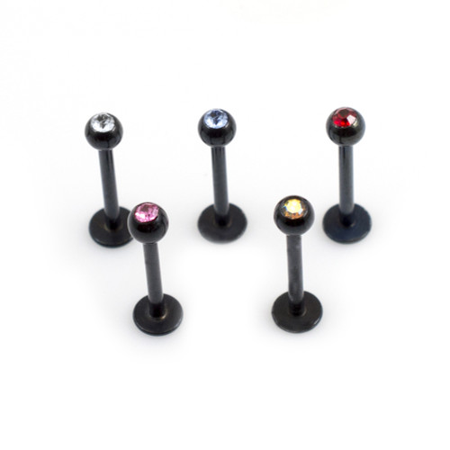 Pack of 5 Black Anodized Labrets with Assorted Press Fit Cubic Zirconia 16ga 3/8 in