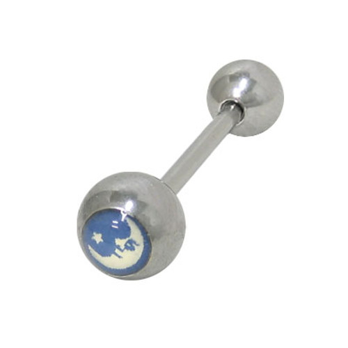 Straight Barbell Tongue Ring Surgical Steel Shaft with Moon Star Logo