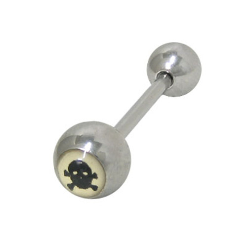 Straight Barbell Tongue Ring Surgical Steel Shaft with Skull Logo