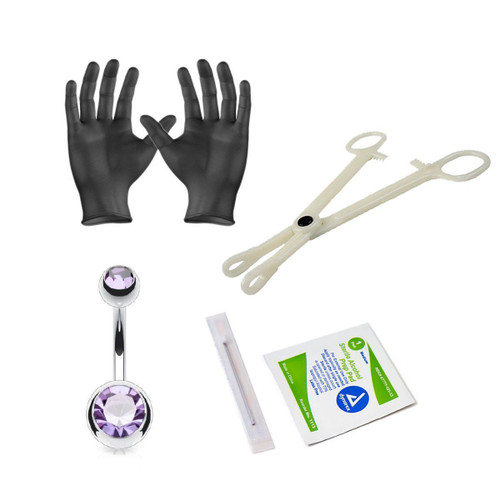 Body Piercing Kit Belly Ring 14 Gauge Clamps, Needles, Gloves And Jewelry