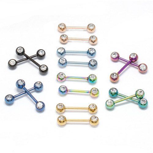 Pair of  Double CZ Titanium Anodized 316L Stainless Steel Nipple Barbells 14ga